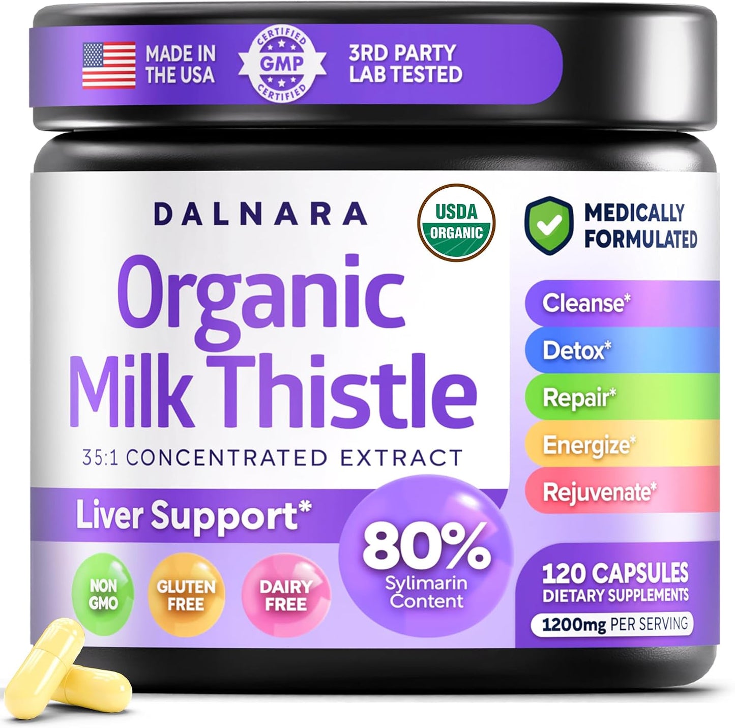 USDA Organic Milk Thistle | 80% Silymarin Flavonoids | 35:1 Extract | 240ct