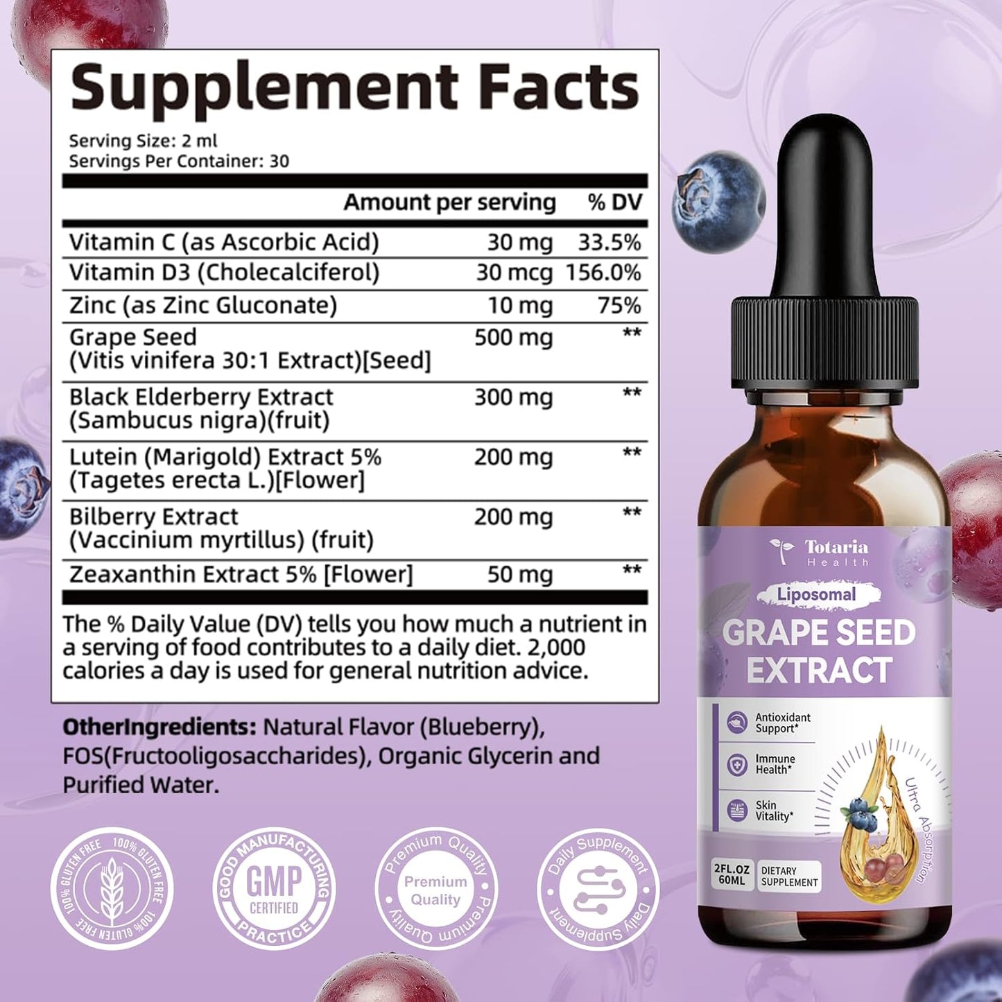 Totaria Grape Seed Extract Liquid Drops | High Potency 95% Polyphenols Antioxidant Supplement for Skin, Heart & Immune Support | Vegan, Gluten Free | Alcohol-Free & Non-GMO | 2FL