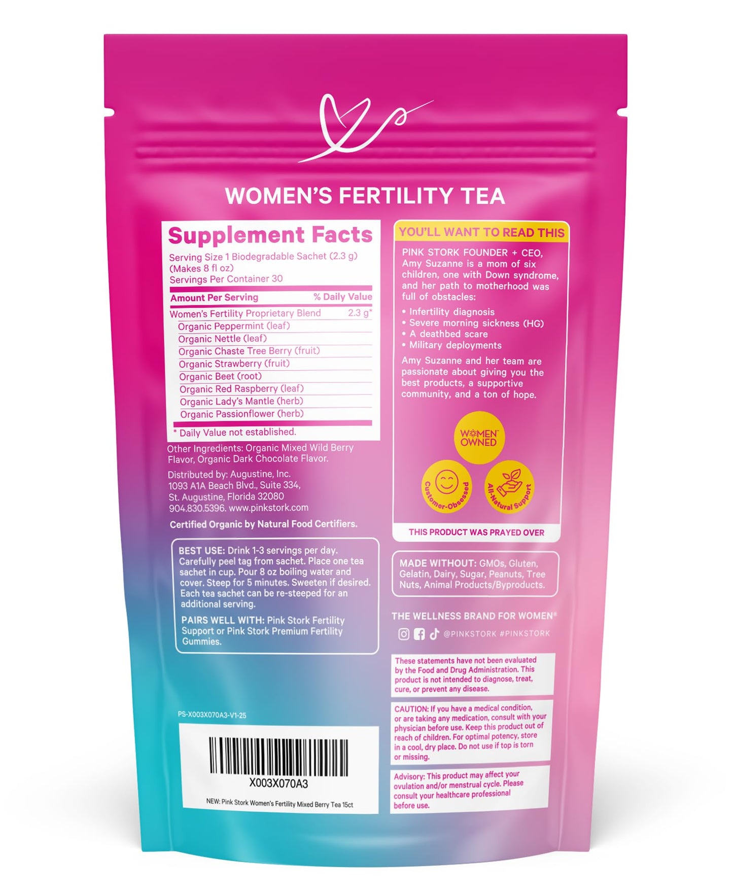 Pink Stork Organic Fertility Tea for Women, Sweet Mint, 15 Sachets | USDA Organic Herbs, Chaste Tree Berry (Vitex), Red Raspberry Leaf, Hormone Balance Support, Caffeine Free, 30 servings