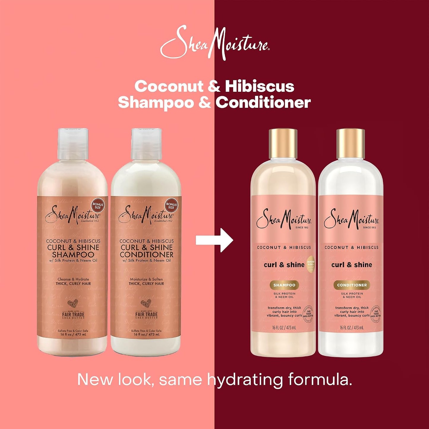 SheaMoisture Coconut & Hibiscus Curl & Shine Shampoo & Conditioner for Bouncy Curls, Frizz Control, 16 Oz Ea