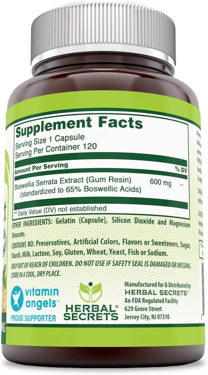 Herbal Secrets Boswellia Serrata Extract (65% Boswellic Acids) 600 mg 120 Capsules Supplement - Non-GMO - Gluten Free