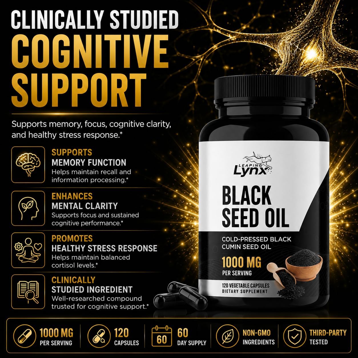 Leaping Lynx Black Seed Oil 1000mg โ Cold-Pressed Nigella Sativa Softgels for Immune, Heart, Joint & Skin Health | 120 Softgels (60-Day Supply) | Non-GMO, Cold Pressed Black Cumin Seed Oil