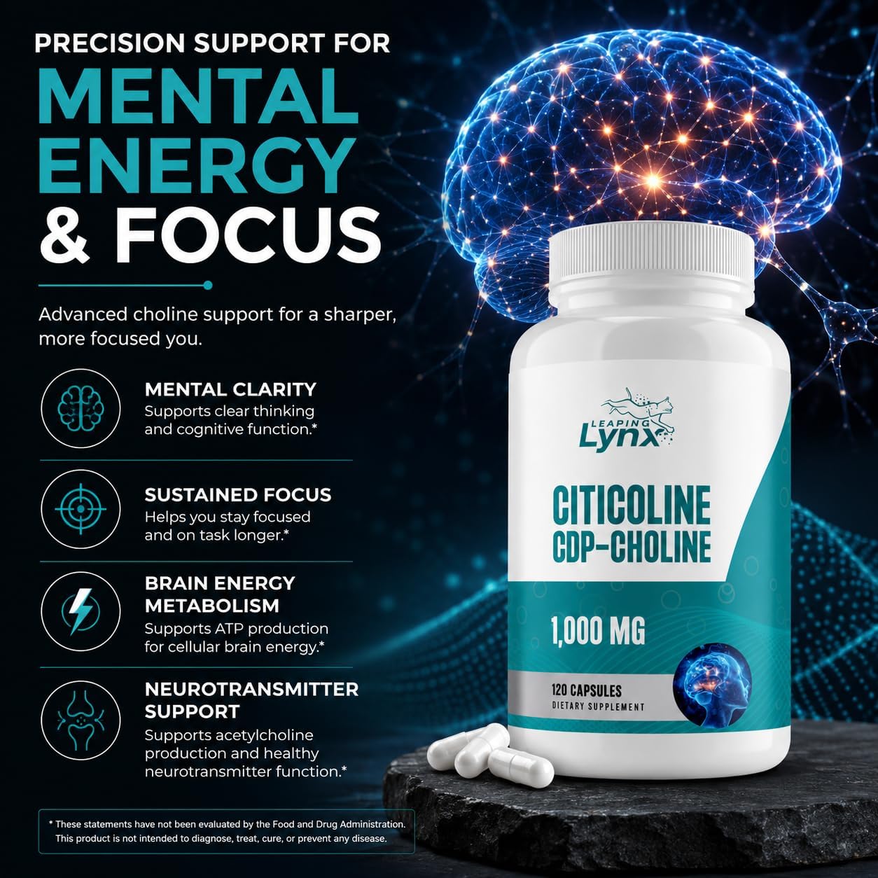 Leaping Lynx Citicoline 1000 mg (CDP Choline) Capsules – 120 Count – CDP Choline Supplement for Brain, Focus & Memory Support – Nootropic Choline Supplement – Non-GMO, ISO-Certified