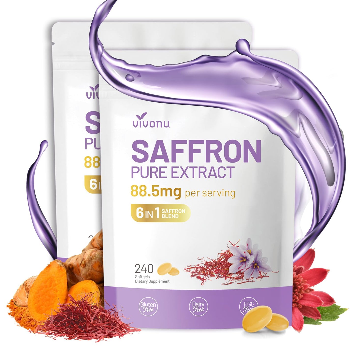 Saffron Supplements Softgels, Saffron Extract Capsules Supports Eyes Health, Energy, Mood, Immunity, Focus, Rich in Vitamin and Extracts of Saffron, Turmeric, Rosemary (240 Softgels / 1 Bag)