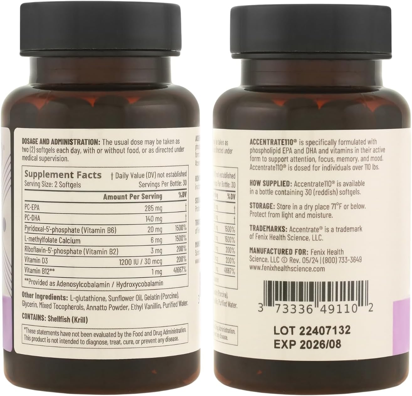 Accentrate110 - Focus Supplement - Methylated Vitamin B Complex with Omega 3 Fatty Acid Supplement - L-Methylfolate, Vitamin B12, P-5-P, Riboflavin, VIT D, – 60 Softgels (1 Month Supply)