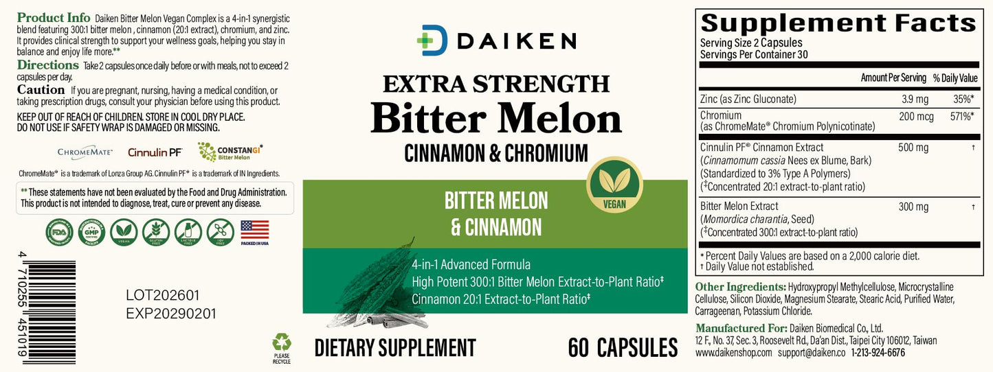 DAIKEN Bitter Melon, Cinnamon & Chromium, 100% Vegetarian Bitter Melon Capsules with Cinnamon Chromium & Zinc, 60 Capsules