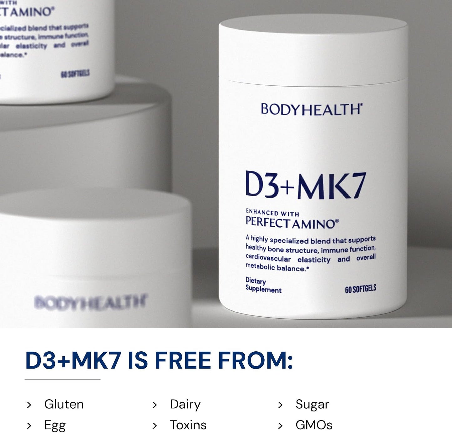 BodyHealth D3 + MK7 - Vitamin D3 5000IU, Vitamin K1, Vitamin K2 - Easy to Swallow Supplement, Supports Bone Strength & Calcium Absorbtion* - 60 Softgels