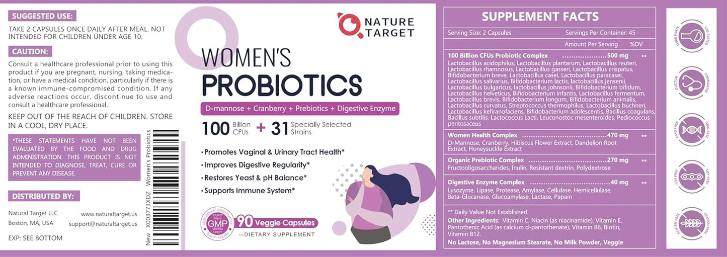NATURE TARGET Probiotics for Women, 100 Billion CFU, 90 Veggie Capsules | Prebiotics & Enzymes Support Digestive Health & Gut Balance, With Cranberry For Vaginal & Urinary Tract Health, Shelf-Stable
