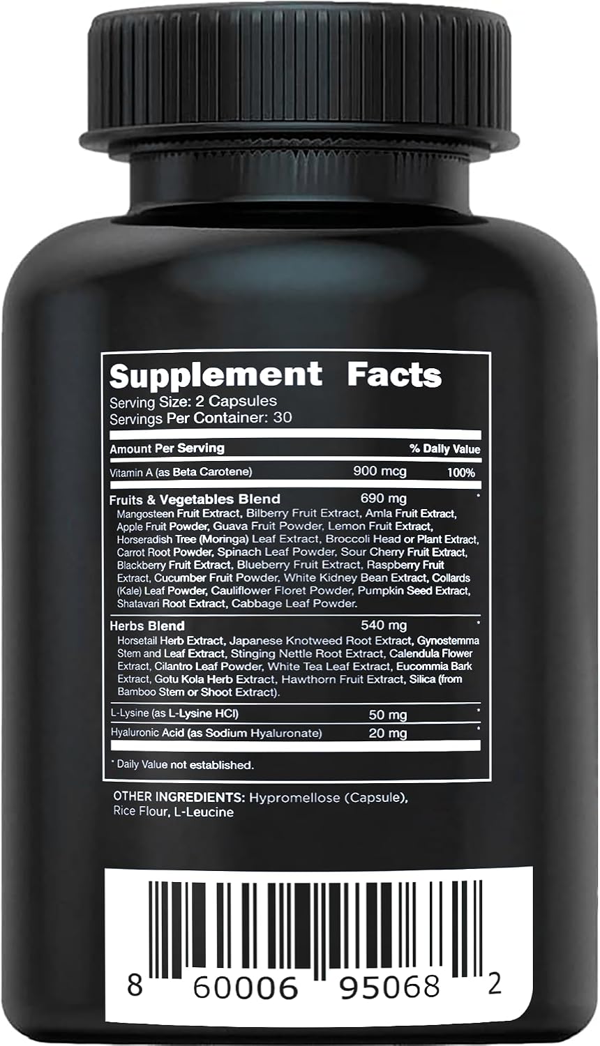 Vital Vitamins Vegan Collagen Booster Supplements, 60 Capsules | Supports Skin, Hair, Nails & Joints, Formulated with 30+ Superfoods, Hyaluronic Acid, Silica & Vitamin A, Non-GMO
