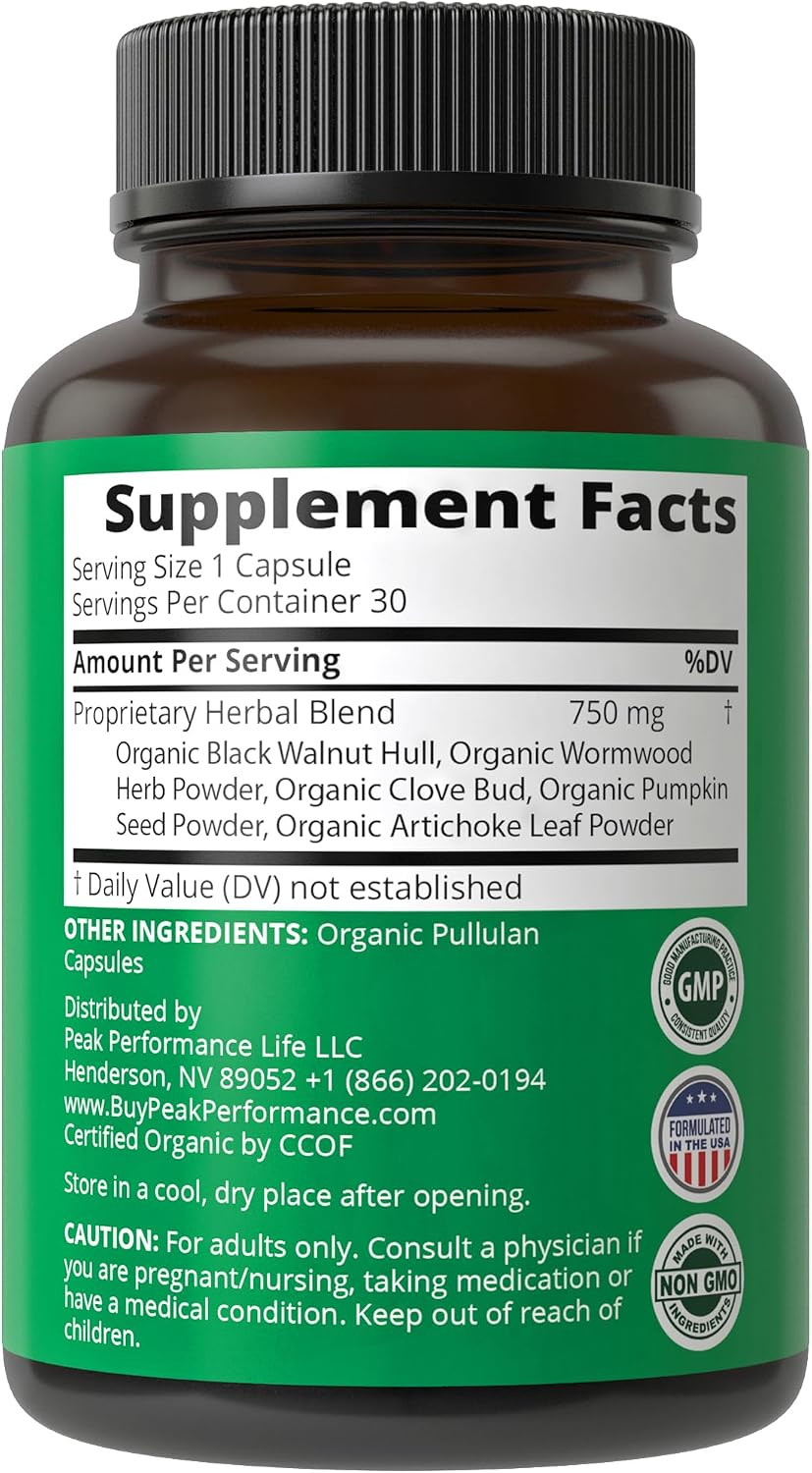 USDA Organic Wormwood Black Walnut Clove Cleanse for Humans. Elimination Detox + Intestinal Support Capsules Supplement for Adults and Kids. Pills with Artichoke and Pumpkin Seed for Added Benefits