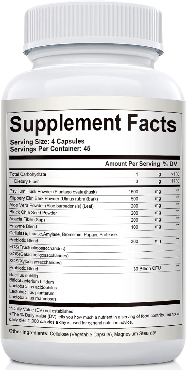 Migcopat Psyllium Husk Fiber Capsules, Fiber Supplement with Prebiotic Probiotic & Digestive Enzymes, Slippery Elm & Aloe Vera, Supports Gut Health & Regularity for Women & Men - 180 Capsules