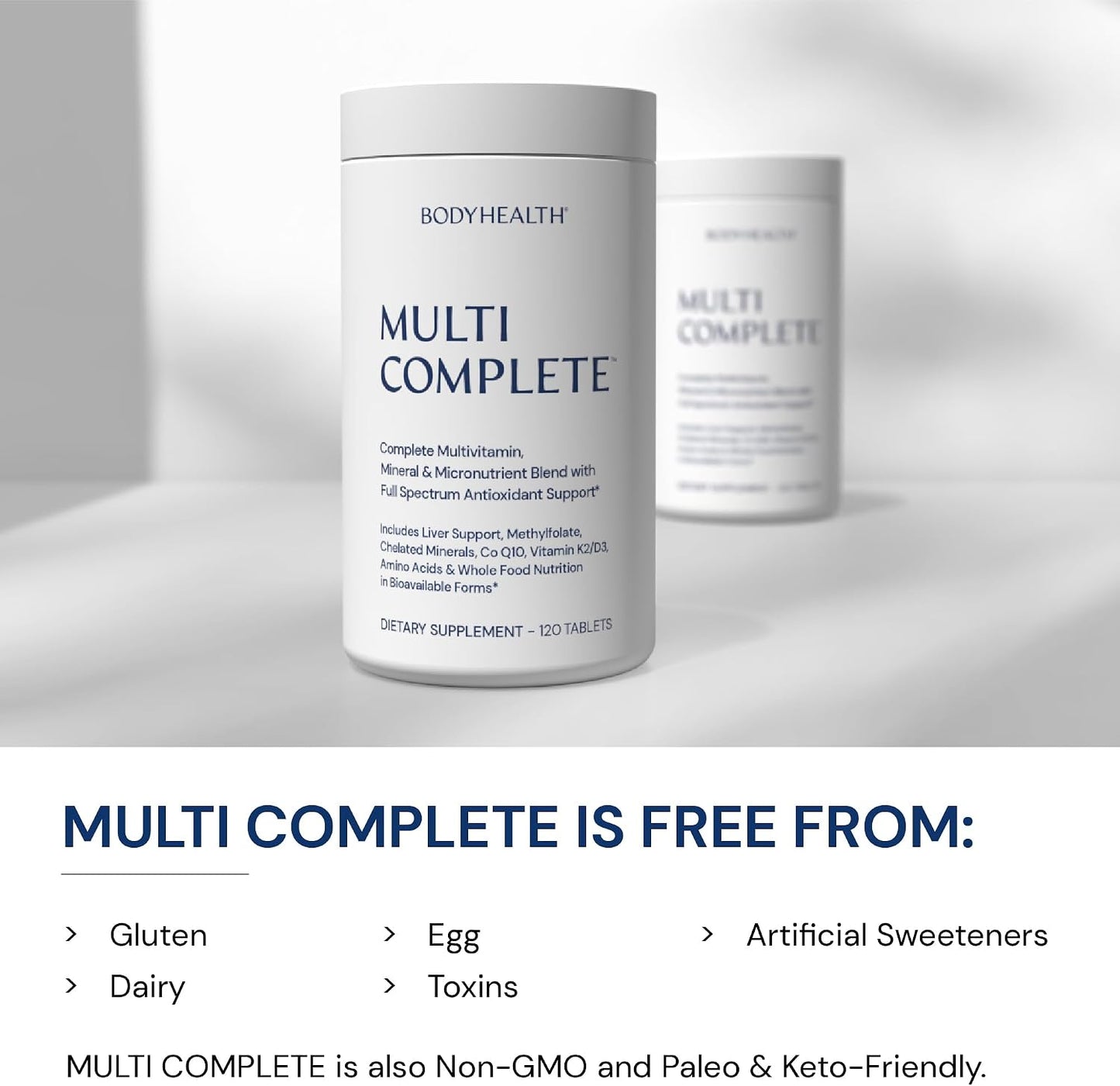 BodyHealth Multi Complete (120 Ct) Daily Multivitamin for Men and Women with Whole Foods, Minerals, Antioxidants, Organic Green Food Concentrates, and Liver Detox Extracts, Non GMO