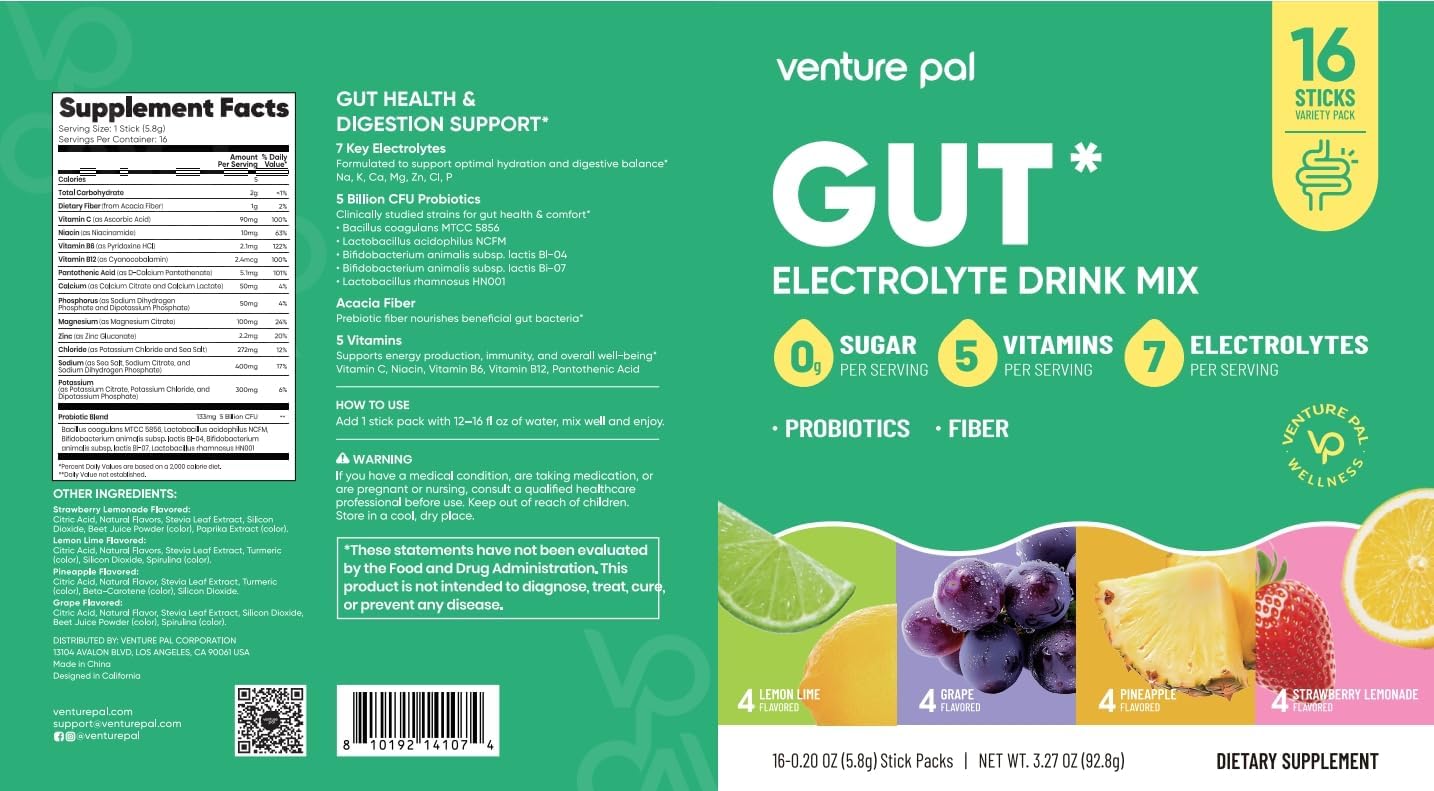 Venture Pal Sugar Free Hydration Packets + Gut Health Electrolytes Powder | Liquid Daily IV with 7 Electrolytes, 5 Vitamins, Probiotics & Fiber for Dehydration Relief and Gut Health Support
