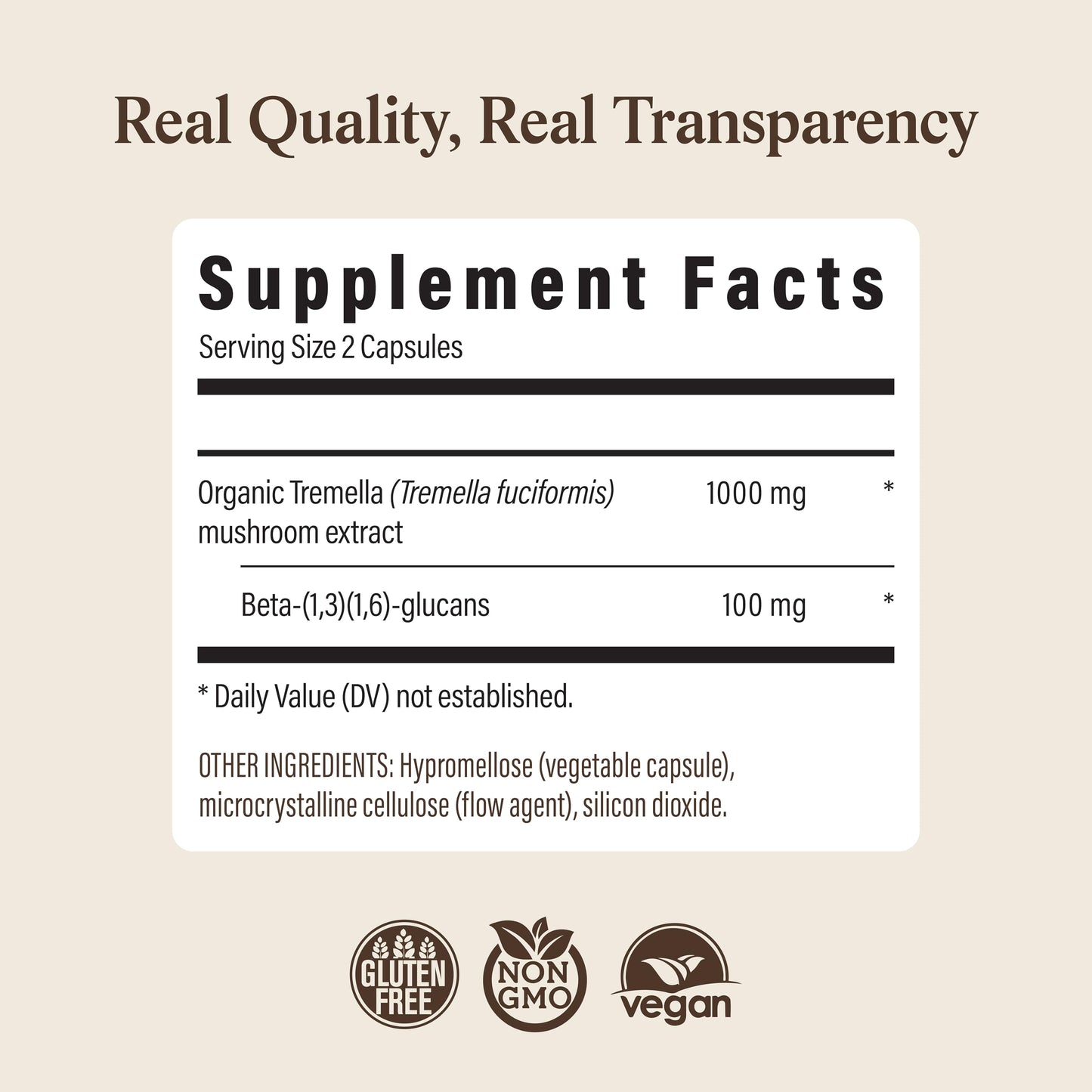 Real Mushrooms Tremella Mushroom Extract 120 ct Blend for Daily Wellness Routine - Vegan, Non-GMO, Organic Supplements Humans Support Supplement