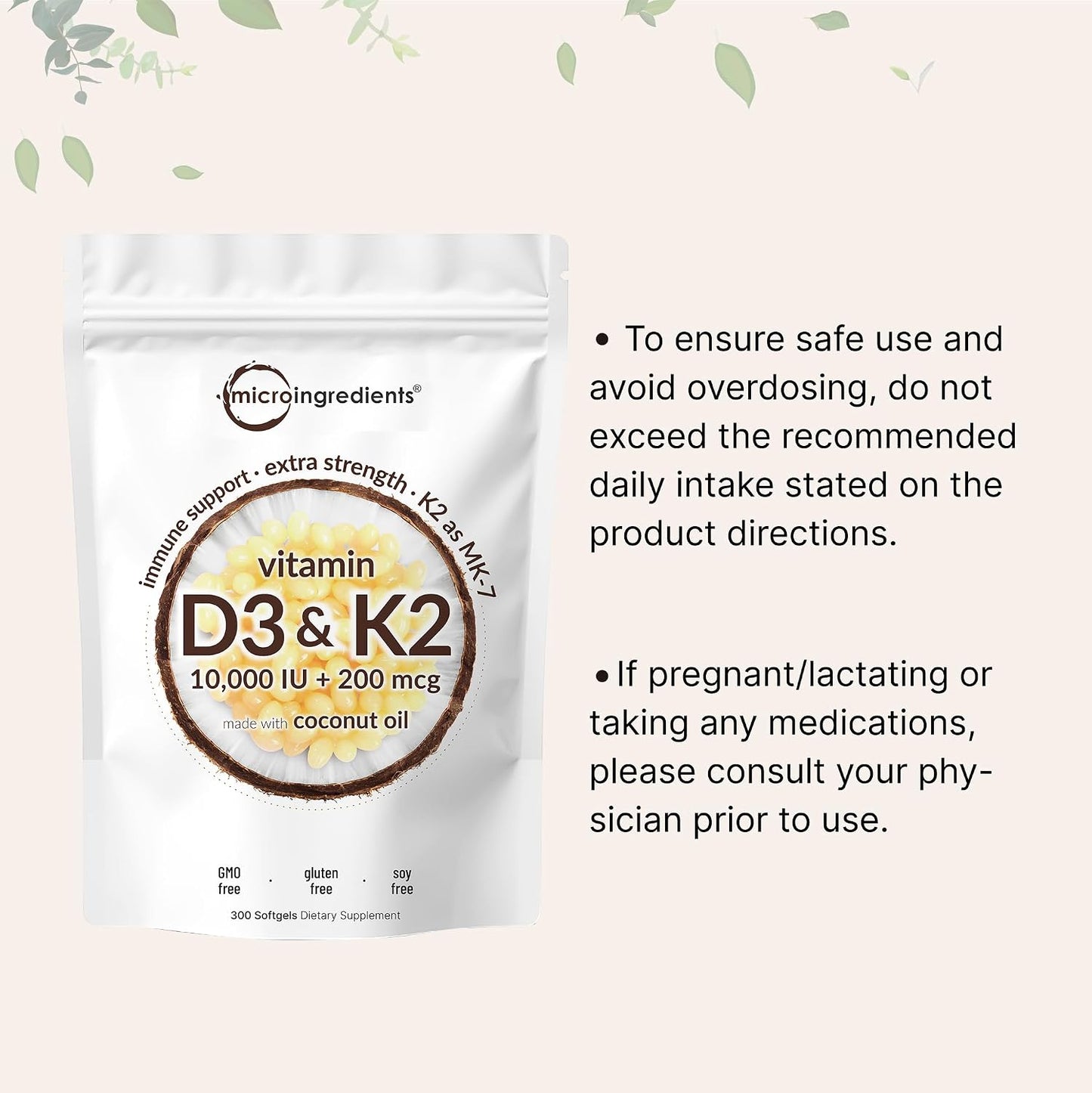 Micro Ingredients Vitamin D3 10,000 IU + K2 MK-7 200 mcg, 300 Softgels with Virgin Coconut Oil | 2-in-1 Vitamins D & K Complex | Extra Strength, Easy to Swallow, Non-GMO, Gluten Free