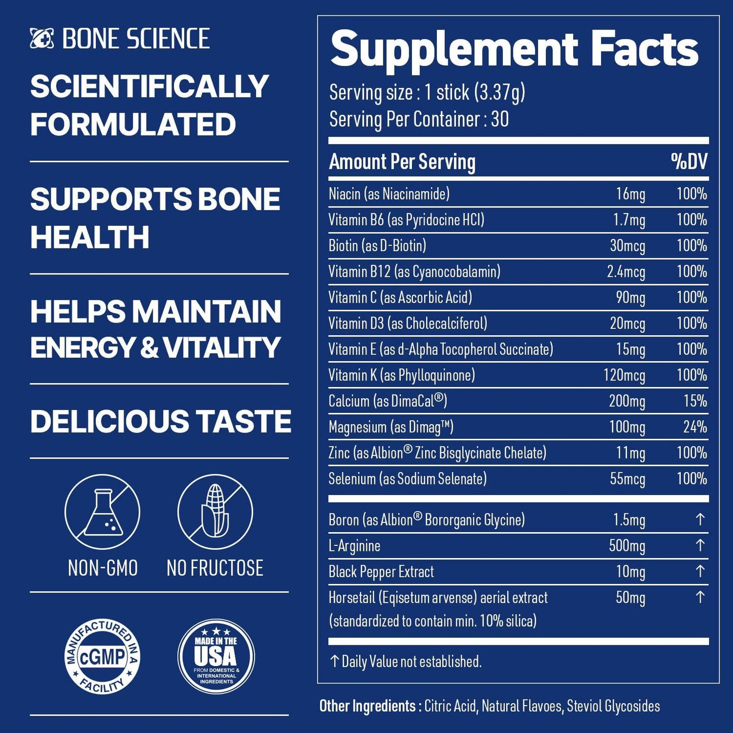 BONE SCIENCE Primeheight Multivitamin Powder for Kids & Teens, Bone & Immune Support, Sugar-Free Peach Flavor, 16 Key Nutrients, Easy Drink Mix, 30 Sticks