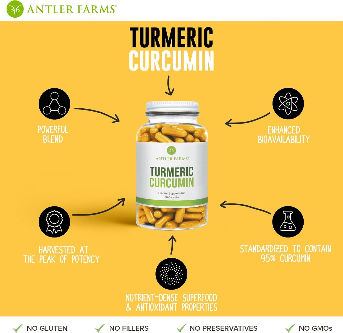 Antler Farms 100% Pure Turmeric Curcumin - Vegan, 130 Capsules | 95% Curcuminoids & Black Pepper Extract, Enhanced Absorption, Non GMO, Gluten Free, No Soy, Dairy Free