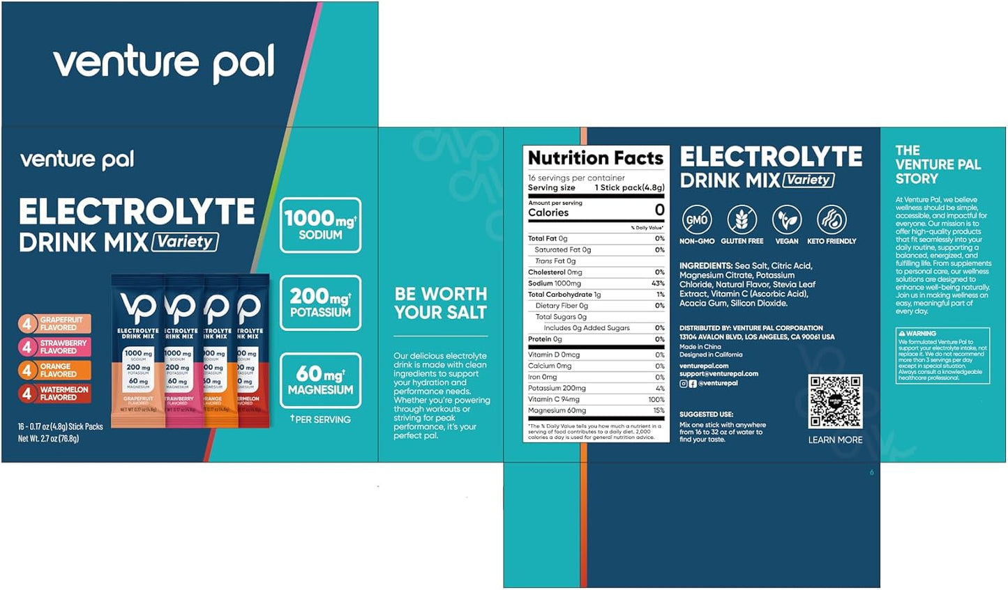 Venture Pal High Sodium Sugar Free Electrolytes Powder Packet, 16 Sticks | Hydration Packets with Vitamin, Sodium & Potassium, Zero Calories, Vegan, Keto & Paleo Friendly Electrolyte Drink Mix