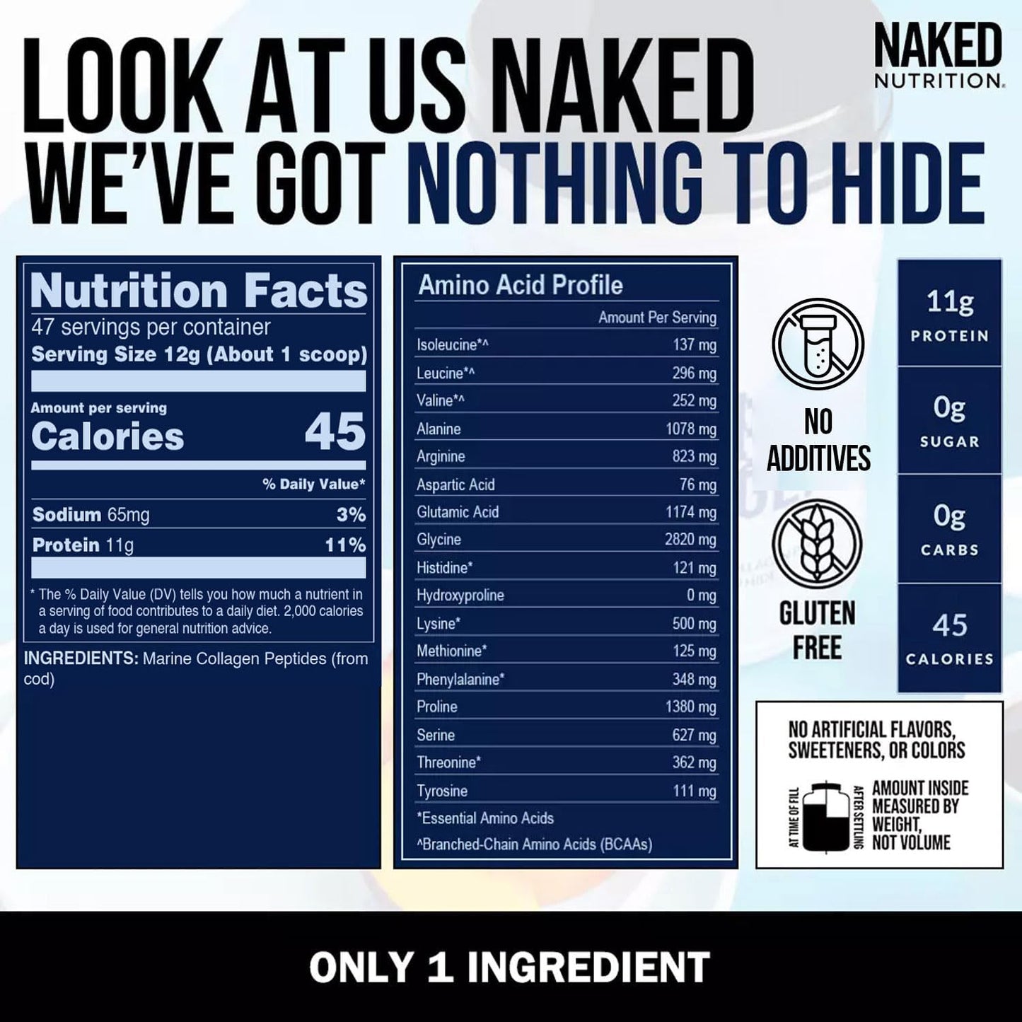 NAKED Marine Collagen Peptides Protein Powder - Unflavored - from Wild Caught Cod - Paleo Friendly, Non-GMO, Soy-Free, Gluten-Free - 47 Servings