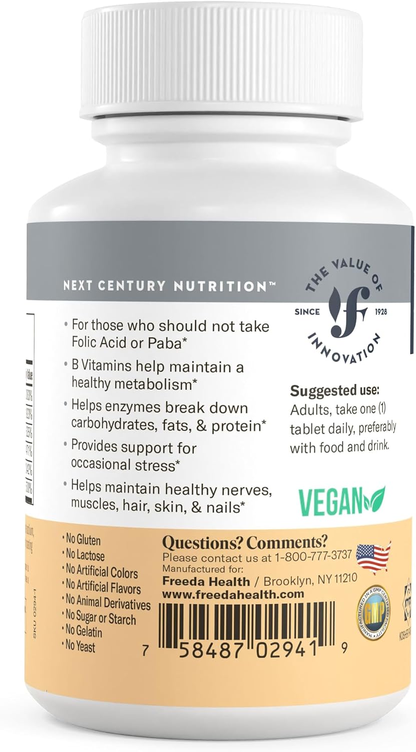 FREEDA Super B-Complex Vitamin Supplement – No Folic Acid or PABA, 100ct | Supports Energy, Metabolism, & Cellular Function – Balanced B Vitamins for Men & Women – Kosher, Vegan, Gluten-Free, USA Made
