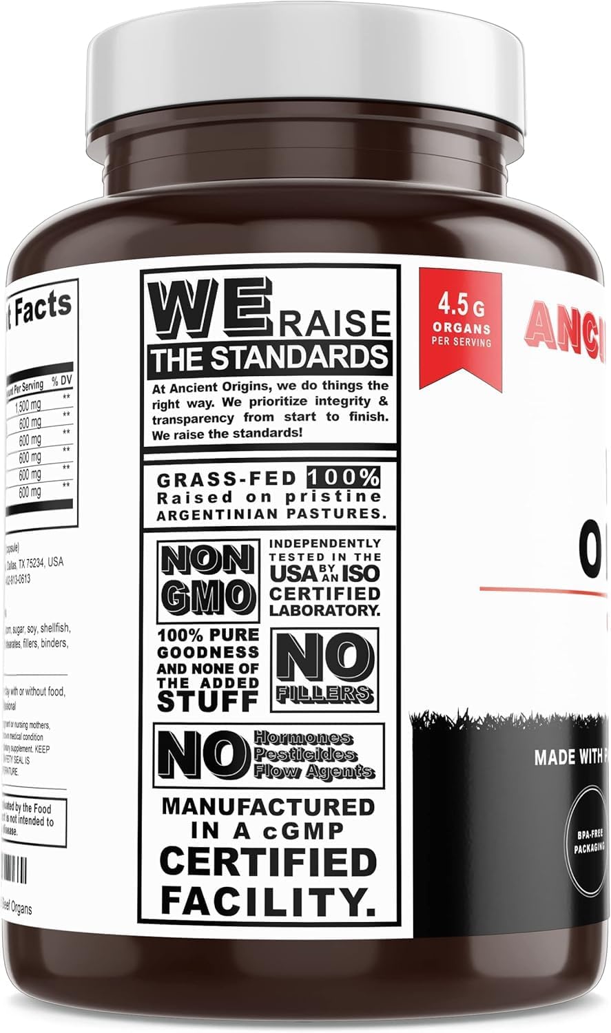 Ancient Origins Grass Fed Beef Organs Supplement 4500 mg - Desiccated Liver, Bone Marrow, Heart, Spleen, Pancreas & Kidney, Non-GMO, Gluten Free, Undefatted (180 Capsules, 750mg Each)