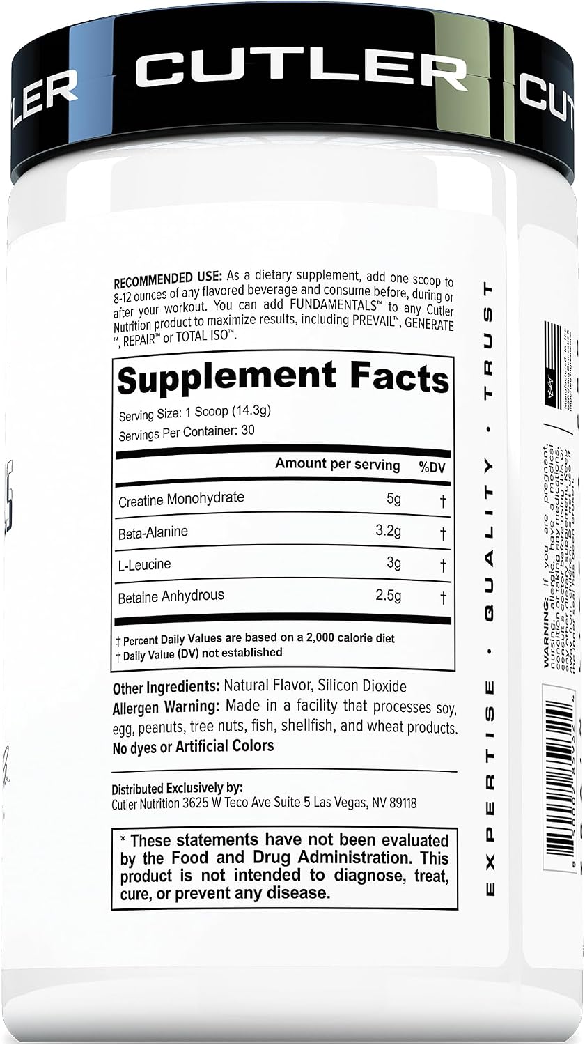 Cutler Nutrition Fundamentals Creatine Performance Powder, 30 Servings | Unflavored, 15 oz | With creatine, beta-alanine, betaine and leucine for strength, endurance, muscle growth and recovery