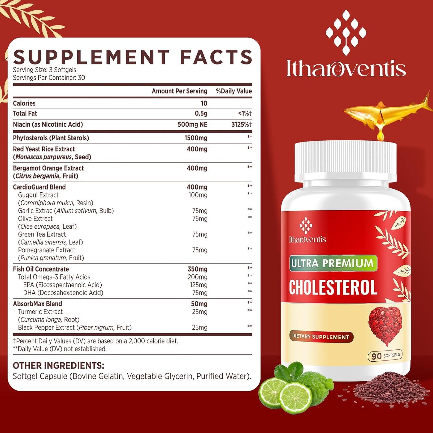 Itharoventis Cholesterol Lowering Supplements with Red Yeast Rice | Plant Sterols Supplement With Omega-3, Bergamot & Garlic, Advanced Formula, 90 Softgels