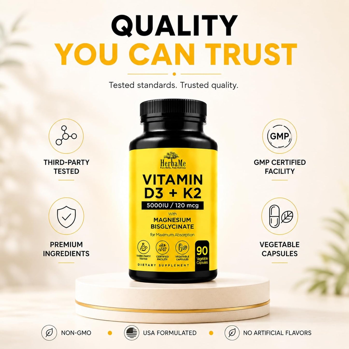 HerbaMe Vitamin D3 5000 IU + K2 with Magnesium Bisglycinate | Complete D3 Activation & Absorption Support Formula | Bone, Muscle & Immune Wellness | 90 Capsules