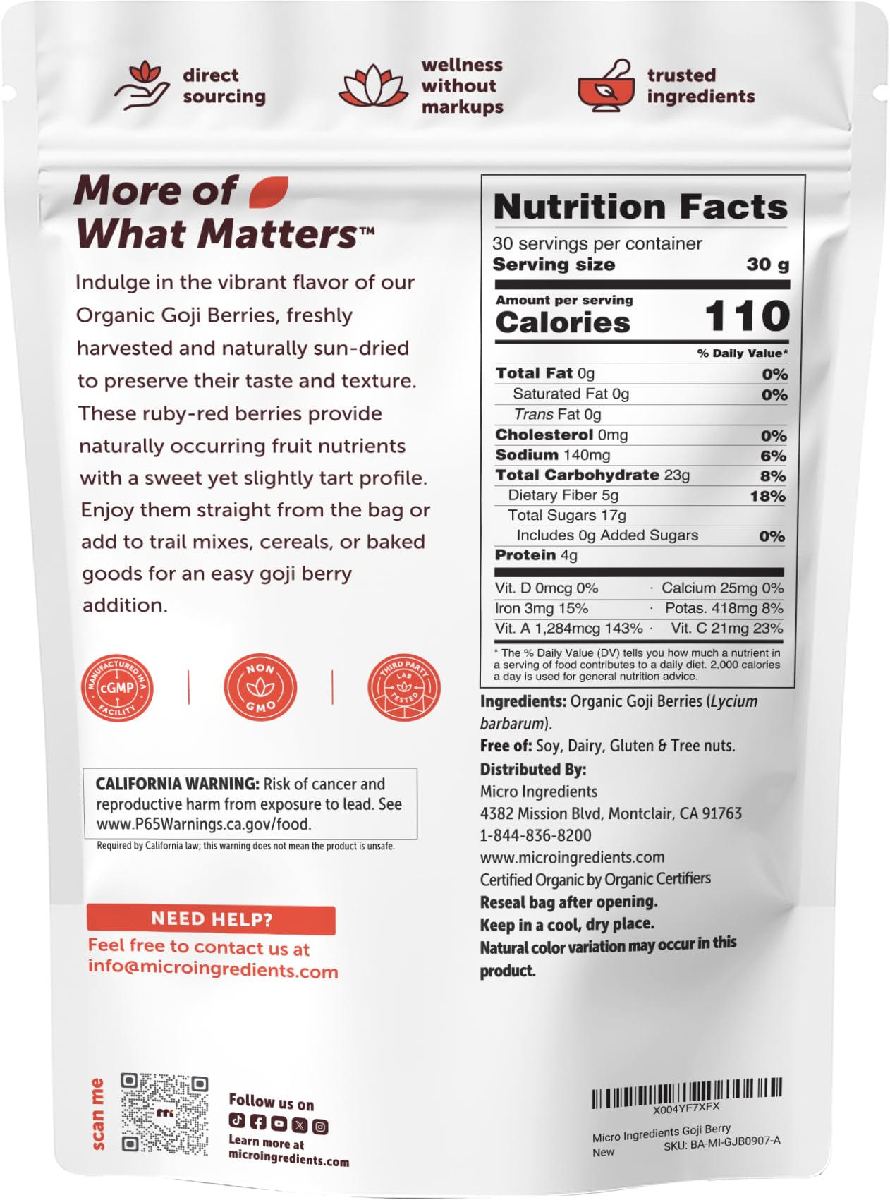 Micro Ingredients Organic Goji Berries 2lbs (32oz) | Large Whole Sun-Dried Berries | Raw Wolfberries | Natural Flavor for Trail Mix, Juice, & Tea | Sulfate Free, Vegan Friendly, Non-GMO
