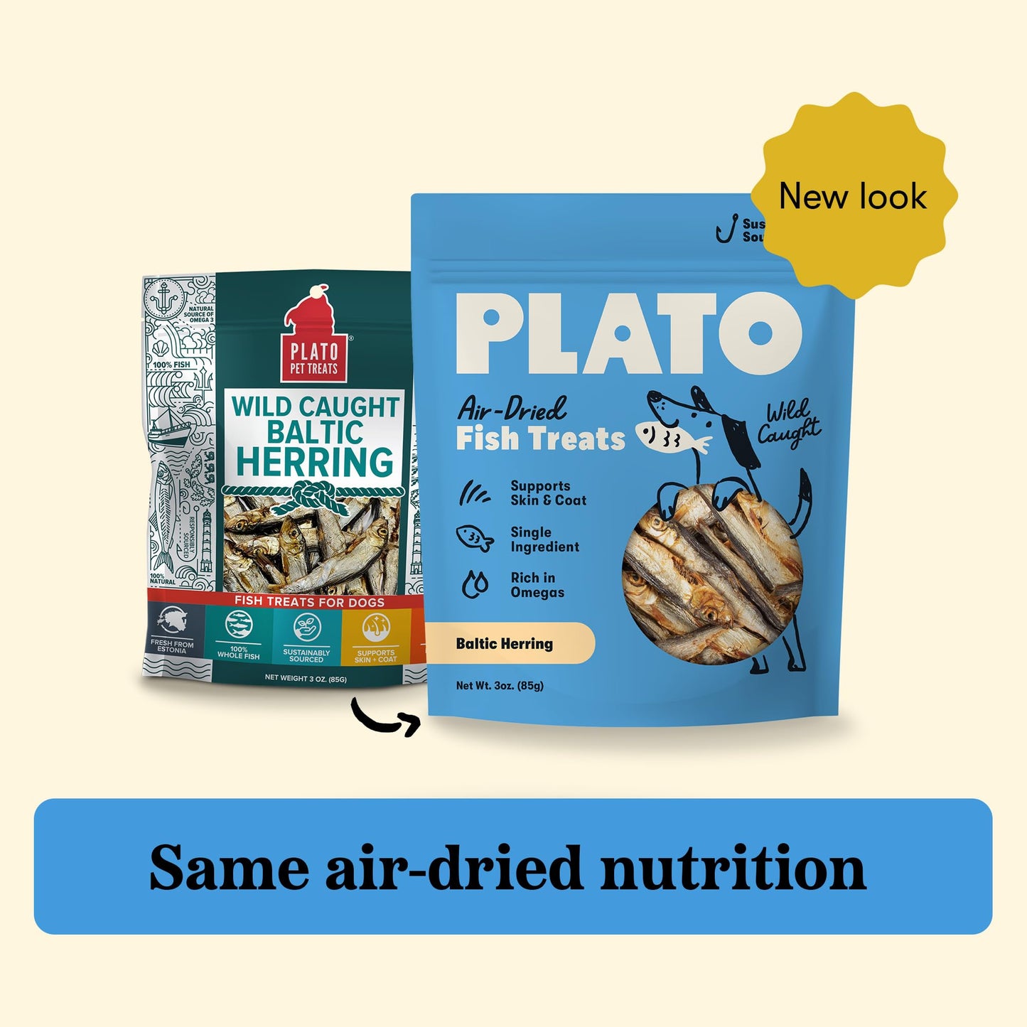 Plato Single Ingredient Wild-Caught Baltic Herring Dog Treats, Air-Dried Whole Fish, Omega-Rich Skin & Coat Support, 8.5 oz