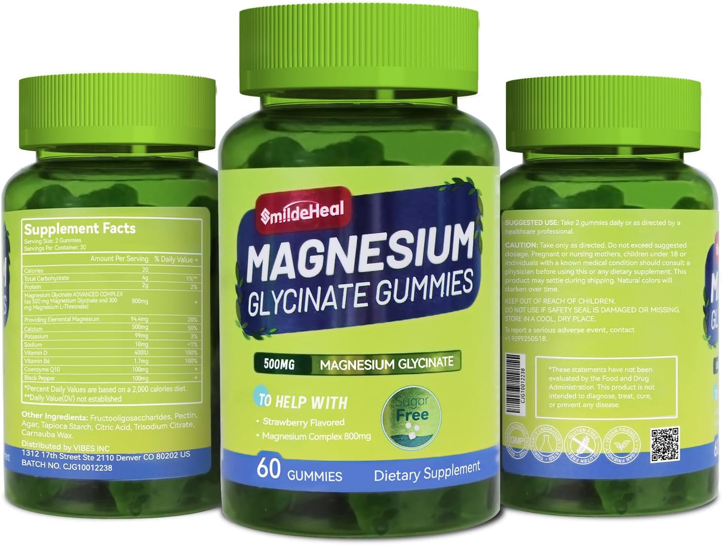 Magnesium Glycinate Gummies 500mg with L-Threonate 300mg - Sugar-Free Magnesium Potassium Supplement with Vitamin D, B6, CoQ10 - Strawberry Flavored - 60 Gummies