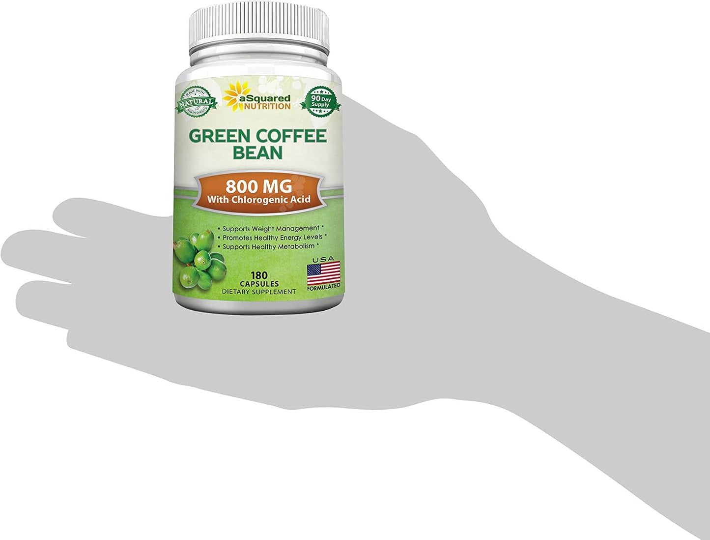aSquared Nutrition Natural Green Coffee Bean Formula-180 Capsules-Max Strength GCA Antioxidant Cleanse for Pure Weight Loss, 800mg per Pill-Chlorogenic Acid-1600mg Daily Supplement, Healthy Fat Burner