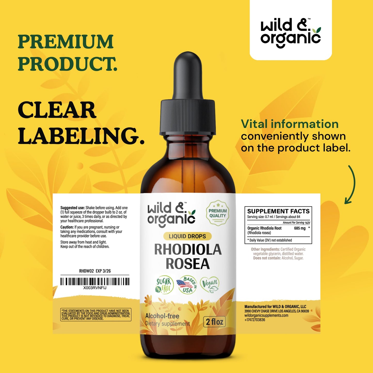 Wild & Organic Rhodiola Rosea Tincture - Rhodiola Rosea Supplement for Mood Support - Relaxing Root Extract Liquid Drops - Vegan, Sugar & Alcohol-Free - 4 fl oz