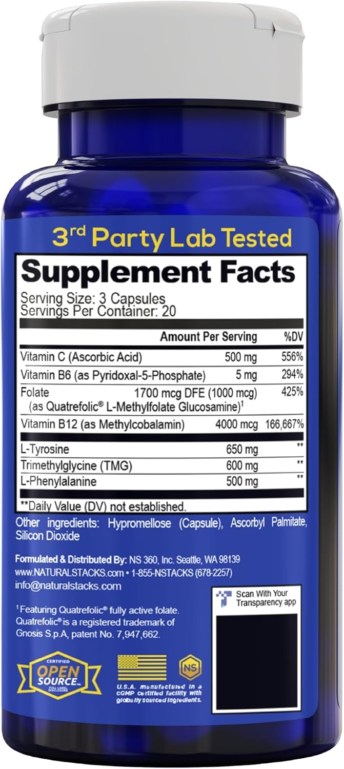 Dopamine Brain Food, Focus & Mental Drive Support with L-Tyrosine, 60 Count | 650mg Tyrosine Supplement with Vitamin B & C - Neurotransmitter Support for Mental Drive & Motivation - Natural Stacks