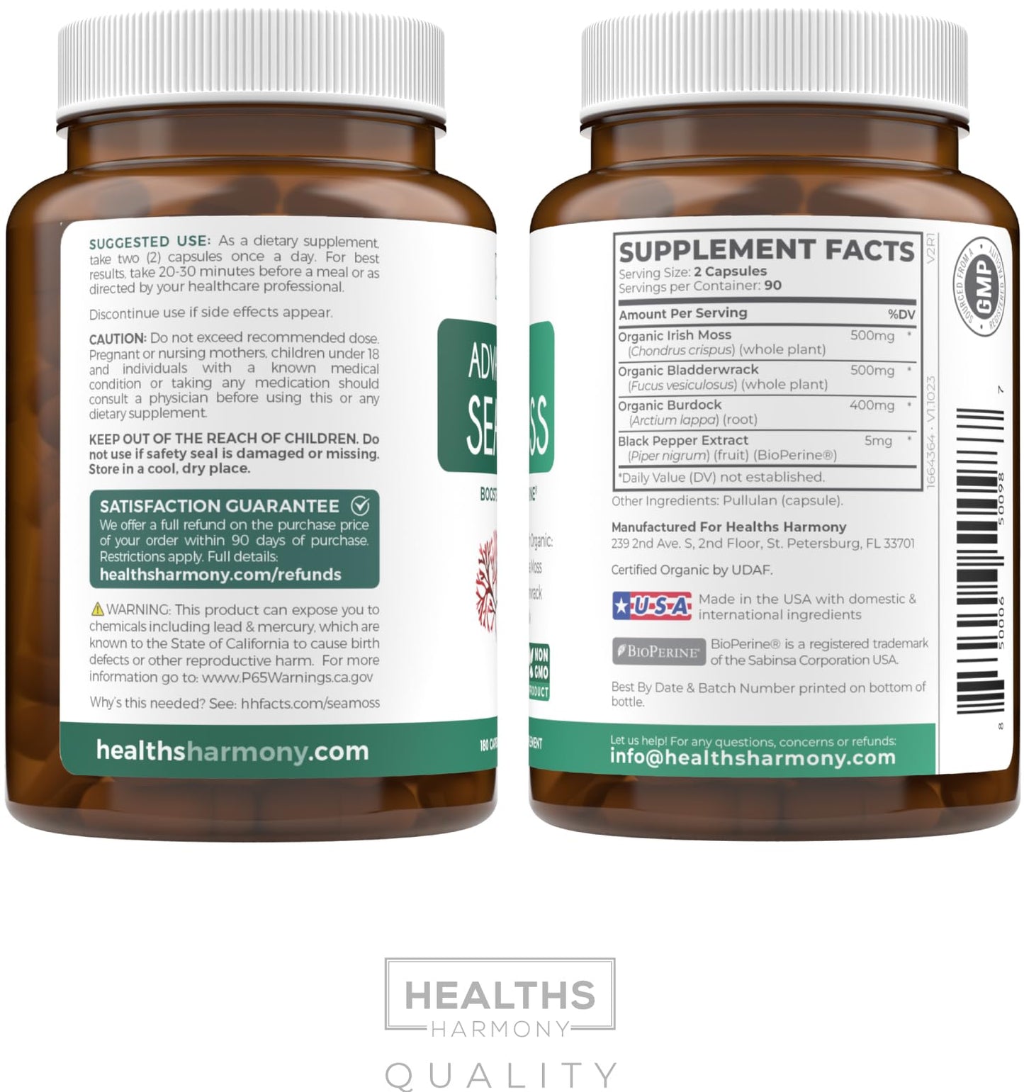 Organic Irish Sea Moss Capsules - Organic Sea Moss Capsules with Bladderwrack Burdock Root and Black Pepper Extract for Enhanced Absorption - Vegan Non-GMO & Made in the USA (1 Month Supply)