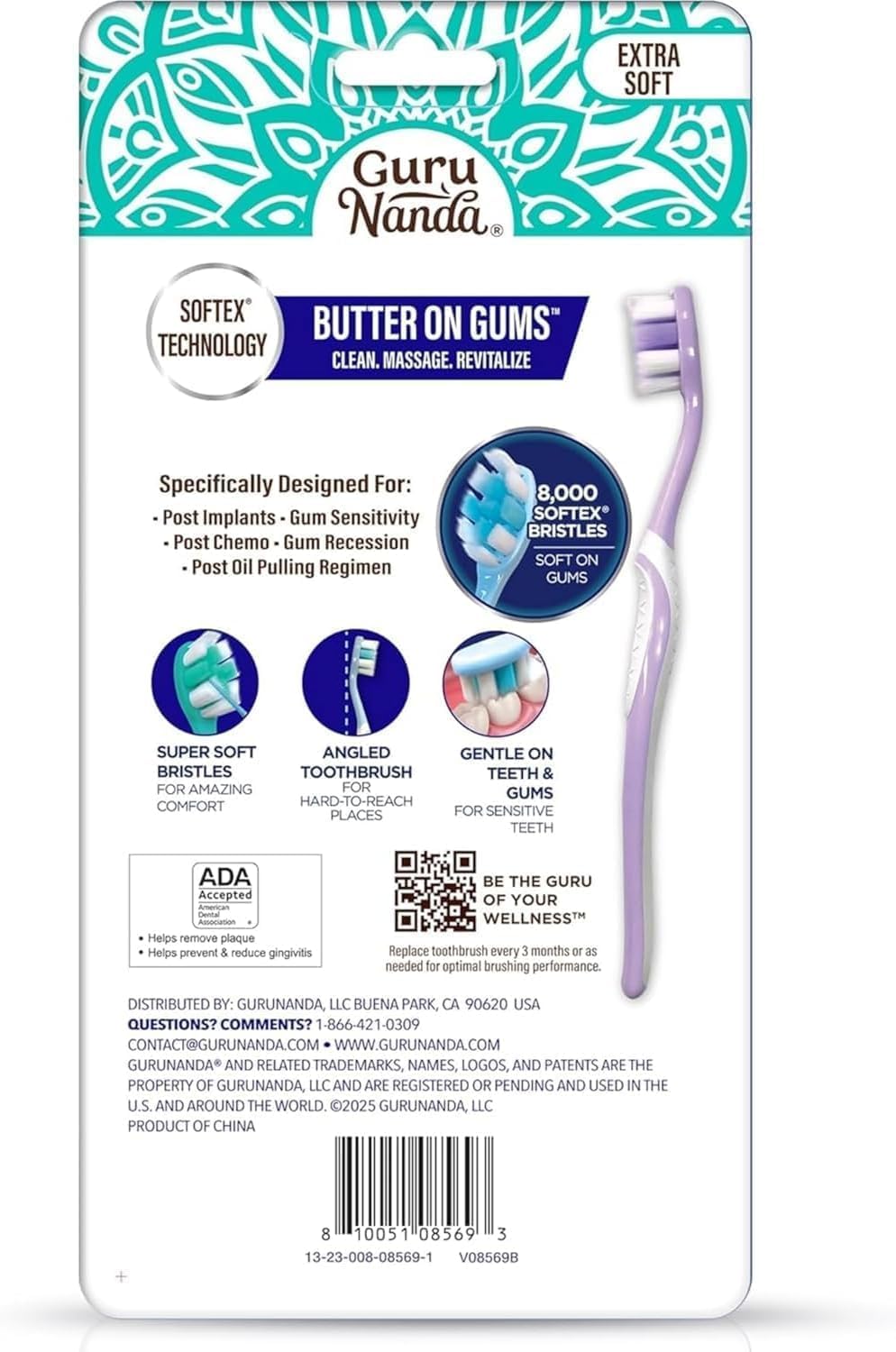 GuruNanda Butter On Gums Toothbrush, ADA Accepted, with 8000+ Ultra Soft Softex Bristles for Sensitive & Receding Gums, Perfect for Whiter Teeth, 8 Ct