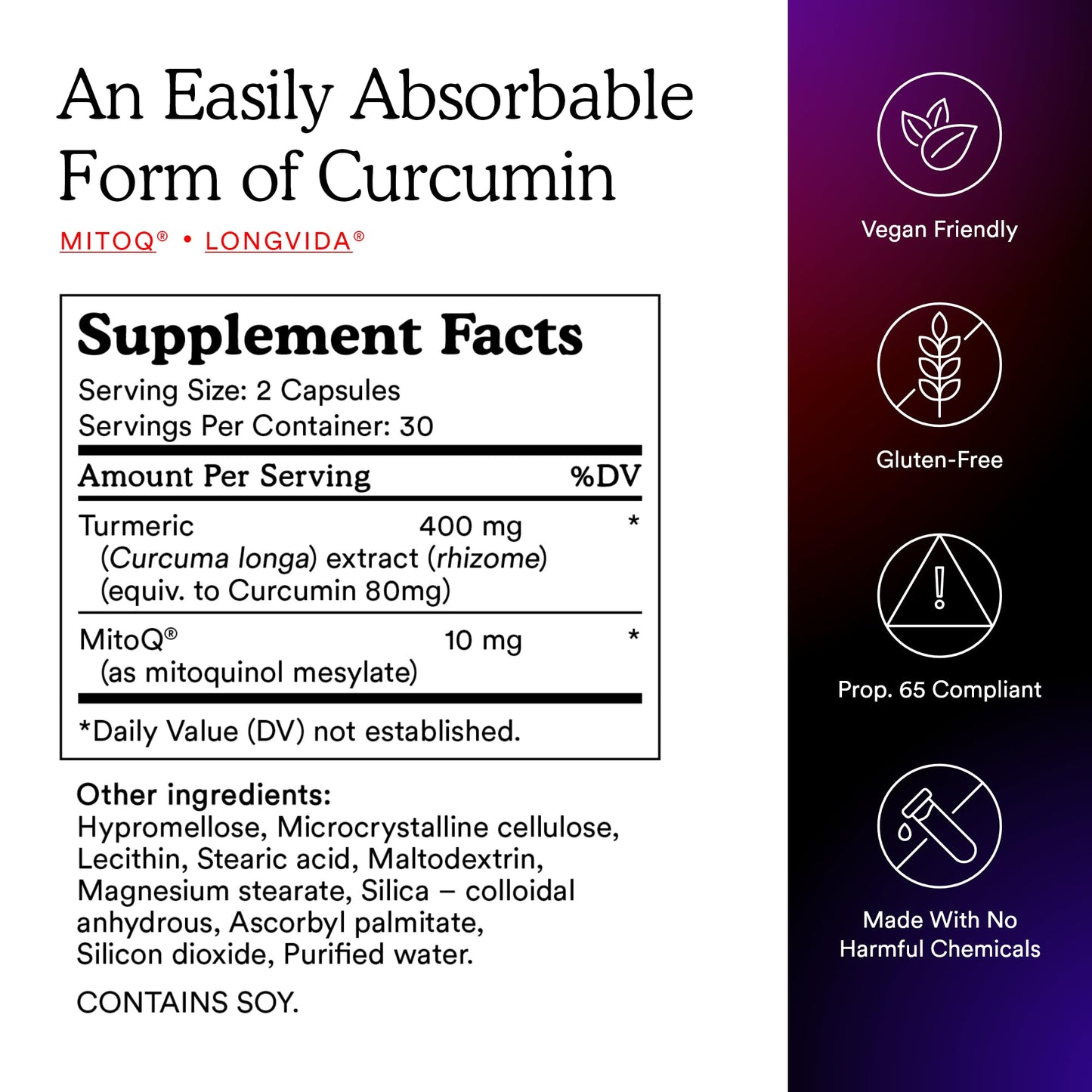 MitoQ Curcumin Longvida Lipidated Formula Mitochondria-targeted Antioxidant | Ultra Bioavailable & Sustained Action Free-Form Curcumin, 60 Capsules