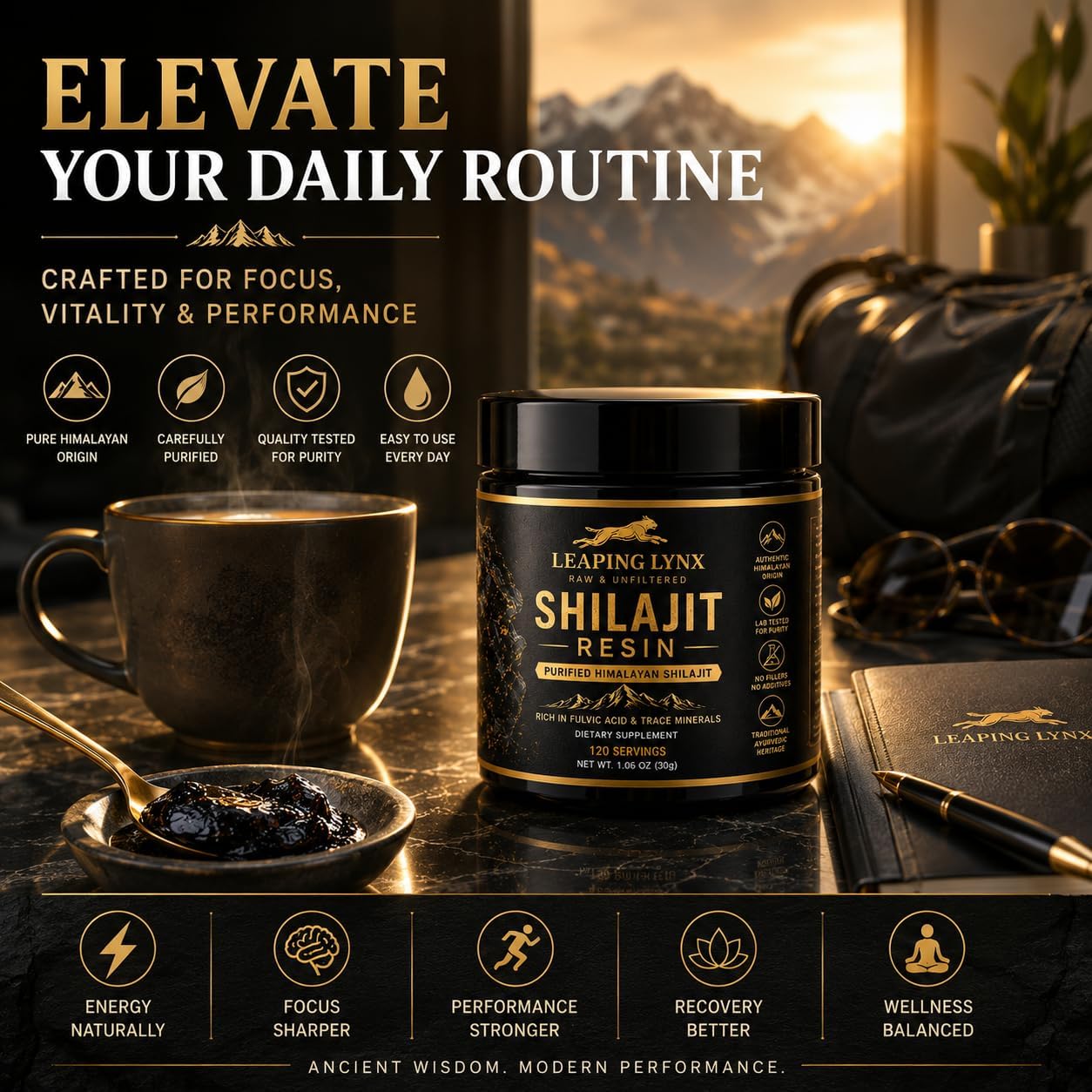Resina Shilajit del Himalaya de 1,000 mg – 85+ oligominerales, ácido fúlvico orgánico de grado dorado | Cosechado alpino, secado al sol y purificado en laboratorio | Energía, vitalidad, apoyo inmunológico y cardiovascular | Sin OMG