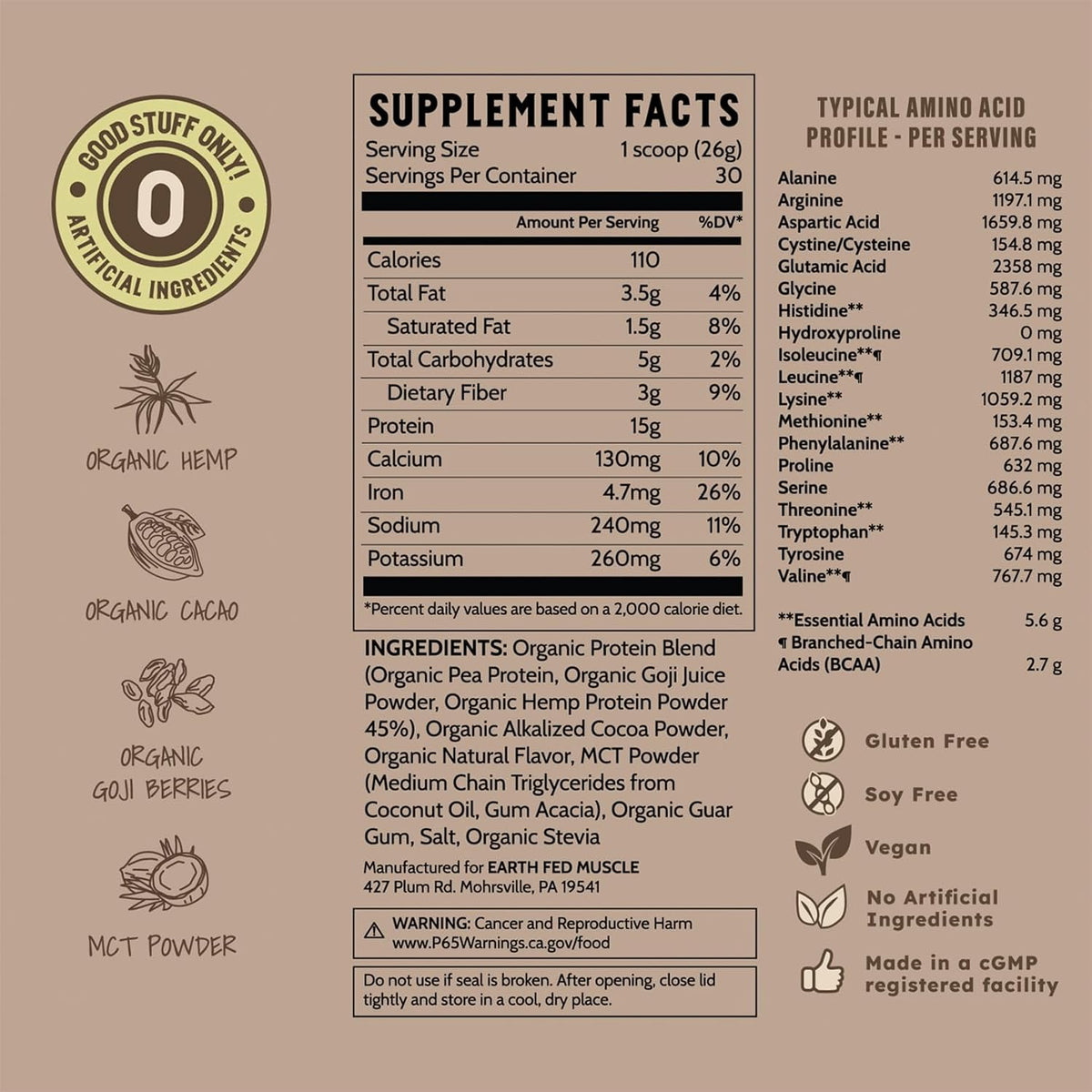 Earth Fed Muscle Organic Plant Protein Powder, Chocolate, 1.74 lb