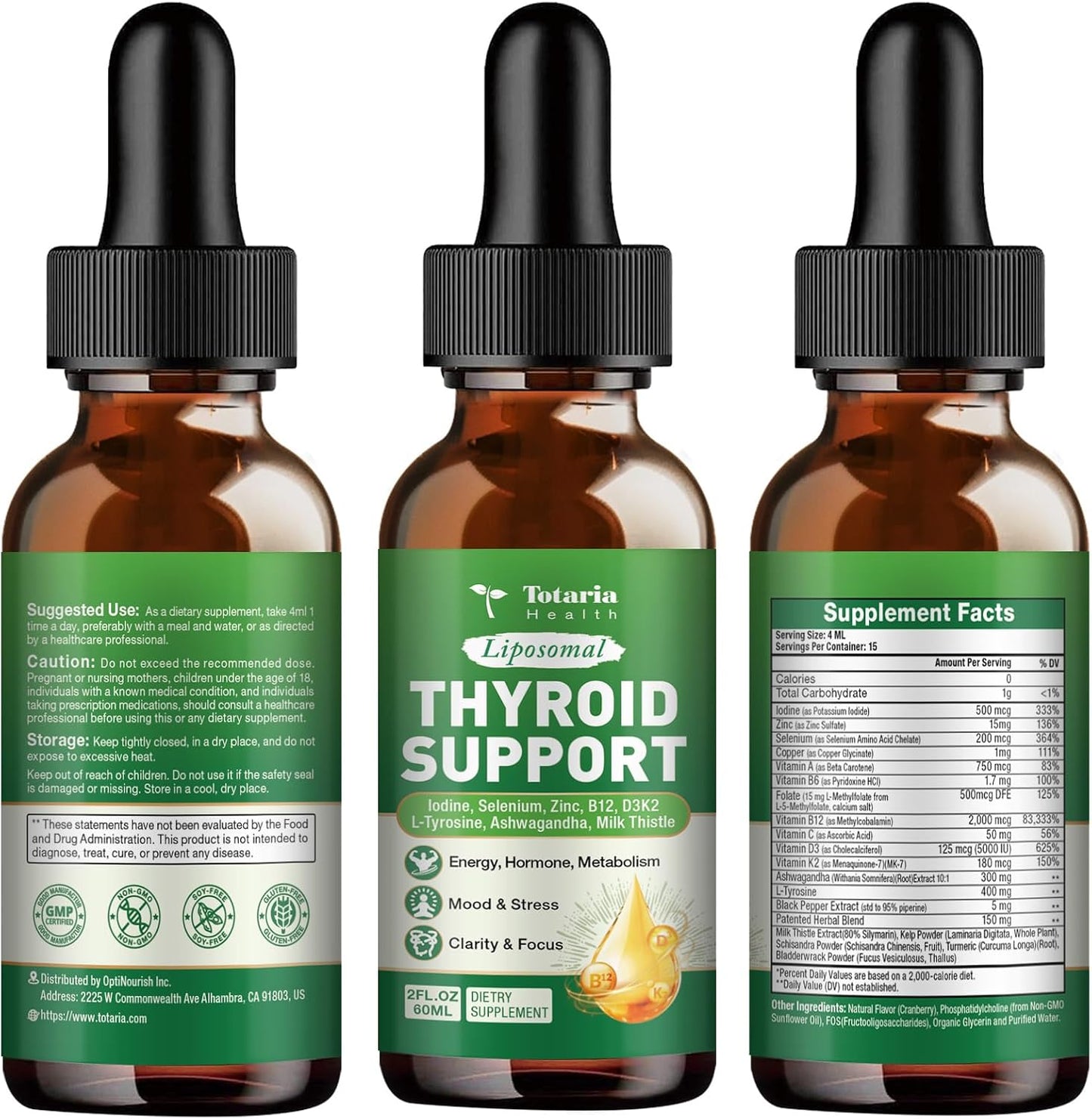 Totaria Liposomal Thyroid Support Drops, Iodine, Selenium, Zinc | Ashwagandha, L-Tyrosine, B12 | Energy, Metabolism, Hormone & Mood, 2 Fl.Oz