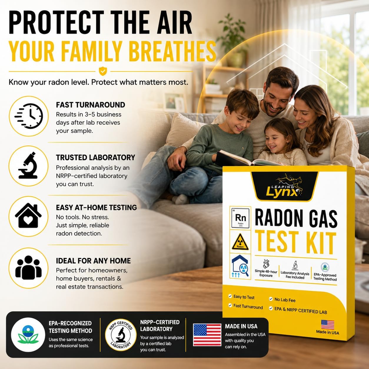 EPA-Approved Radon Test Kit for Home, Lab Analysis Included | Detects Radon Gas Levels in Basements & Living Spaces | Easy-to-Use Air Quality Test with Lab Report & Discounted Shipping| Radon Detector