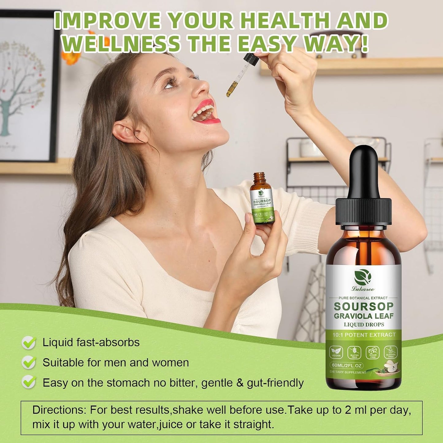Lukaree Pure Soursop Graviola Leaf Extract for Immunity, Gut Health & Natural Energy Support – Soursop Bitters Liquid with Cold Extract – Vegan | Gluten-Free | 2 Fl Oz