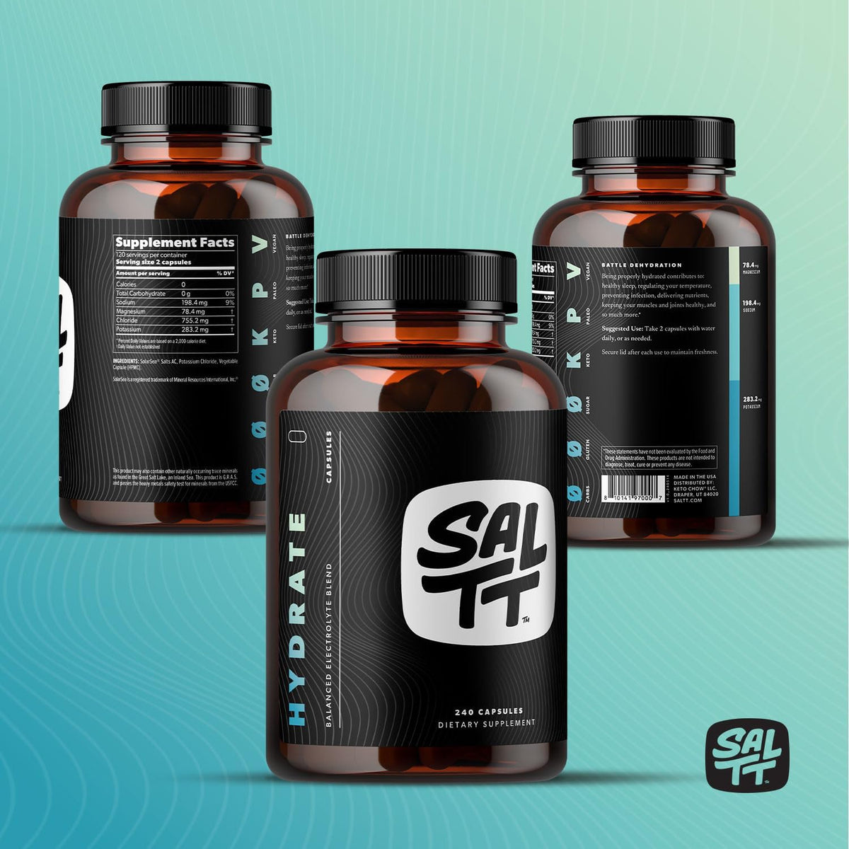 SALTT Hydrate Capsules, Electrolyte Supplement, Sugar Free, 240 Count