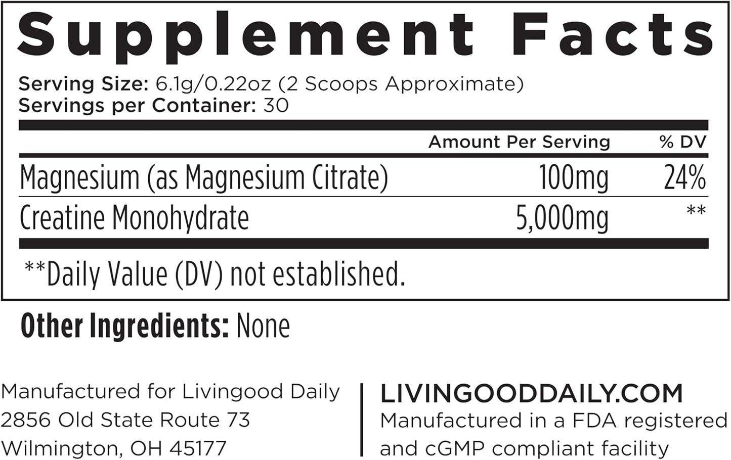 Livingood Daily Creatine + Magnesium Powder, Unflavored | 5g Micronized Creatine Monohydrate with Magnesium for Energy, Muscle Recovery & Performance | 30 Servings