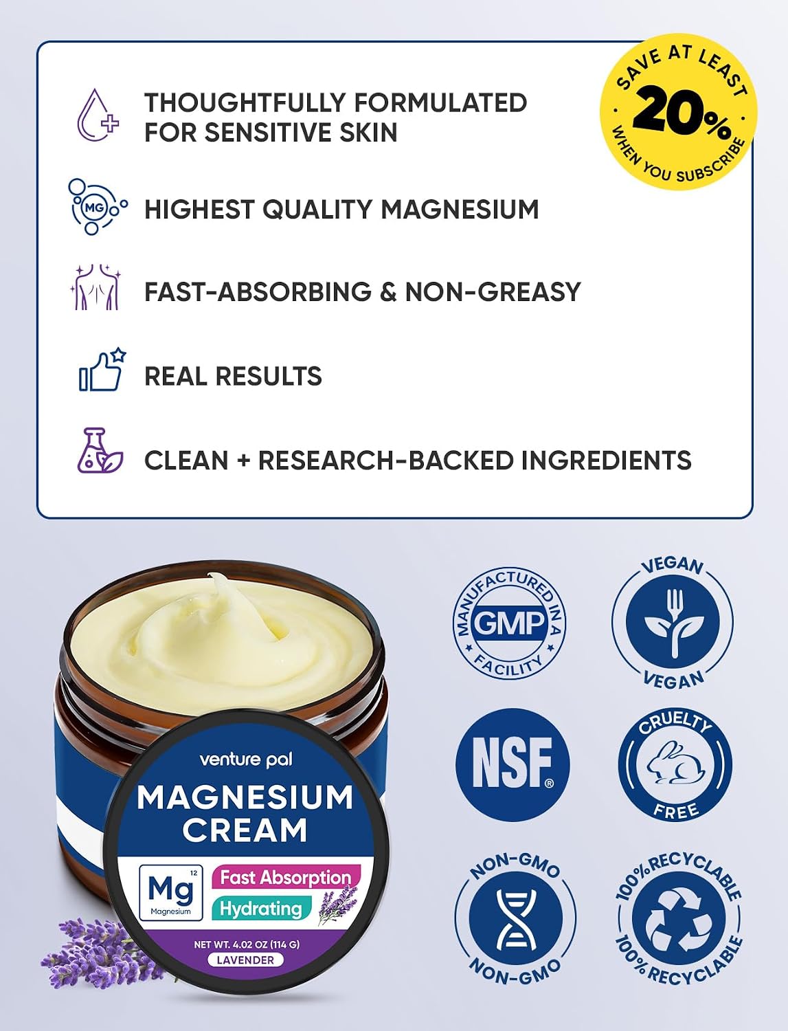 Venture Pal Topical Magnesium Cream, Highly Concentrated Magnesium Lotion | Fast-Absorbing Magnesium Moisturizing Cream with Coconut Oil, Shea Butter & Hyaluronic Acid; Suitable for Kids