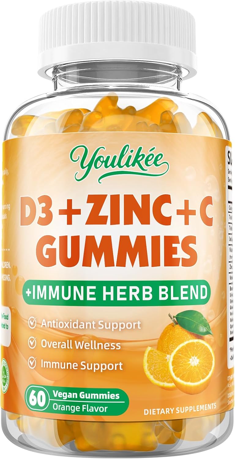 Vitamin C + D3 5000IU + Zinc Gummies for Adults, Orange Flavor, 60 Count | Immune Support supplement with Elderberry, Echinacea & Mullein Leaf - Antioxidant Support, Sugar Free