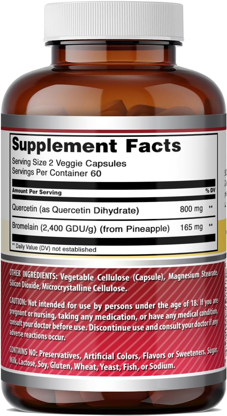 Amazing Formulas Quercetin 800mg with Bromelain 165mg, 120 Veggie Capsules Supplement | Non-GMO | Gluten Free | Made in USA