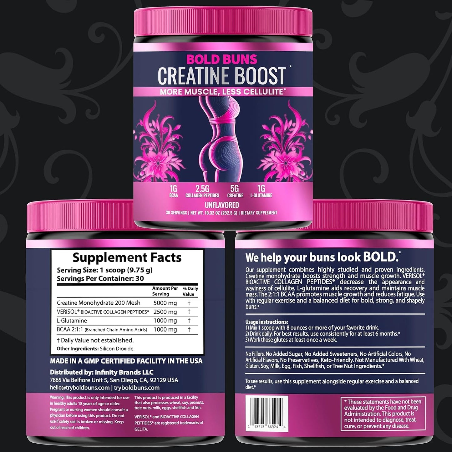Bold Buns Creatine for Women – Supplement with Collagen & BCAA – Supports Muscle Development, Post-Workout Recovery, Skin Elasticity, Healthy Hair & Nail (2 Pack x 30 Servings, Unflavored)
