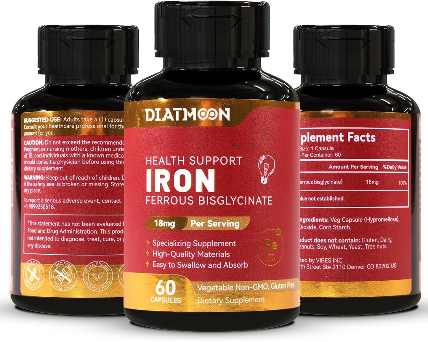 2 Pack Iron Supplement for Women & Men - Highly Absorbable Iron Bisglycinate Capsules for Adults,Vegan, Non-GMO, Gluten-Free, Supports Energy & Overall Wellbeing