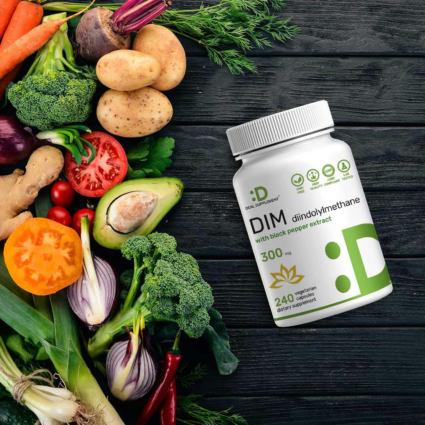 DIM Supplement 300mg with Black Pepper, 240 Vegetarian Caps, 4 Months Supply | 2-in-1 Dim Supplement for Women & Men | Diindolylmethane Plus Black Pepper Extract for Enhanced Absorption*